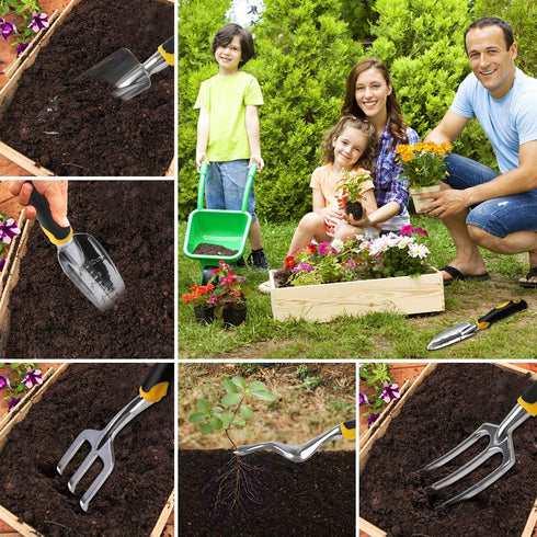 FEBSNOW Garden Tool Set - 5 Pieces Heavy Duty Gardening Hand Tools Kit Include Garden Trowel, Garden Rake, Spade Shovel, Weeder, Cultivator for Me...