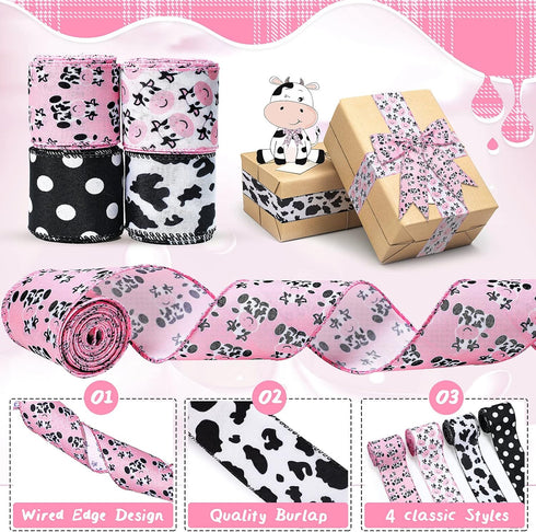 4 Rolls Cow Print Wired Ribbon 24 Yard 2.5 Inch Pink Black and White Striped Cow Spot Animal Print Ribbon for Wreath Bow DIY Crafts Christmas Part...