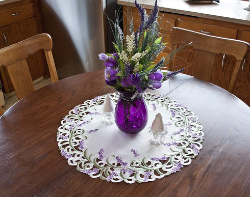Linens, Art and Things Embroidered Purple Lavender Lilac on Ivory Large Doily, Small Tablecloth (24 Inch Round)...