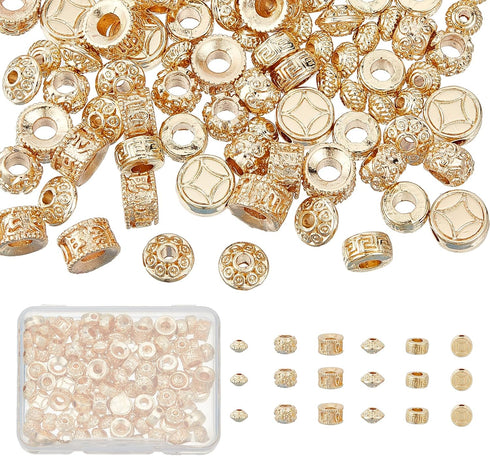 NICENEEDED 120 Pcs Golden Tibetan Spacer Beads, 14k Gold Plated Loose Beads, Alloy Cube Column Barrel Flower Spacers Beads Metal Charms for Bracel...