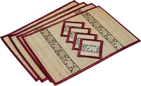 Hand-Woven Wicker Reed Placemats Coaster Set Eco-Friendly Heat Resistant Thai Style Durable Easy to Clean for Dining Table Set of 4 (Large, Burgun...