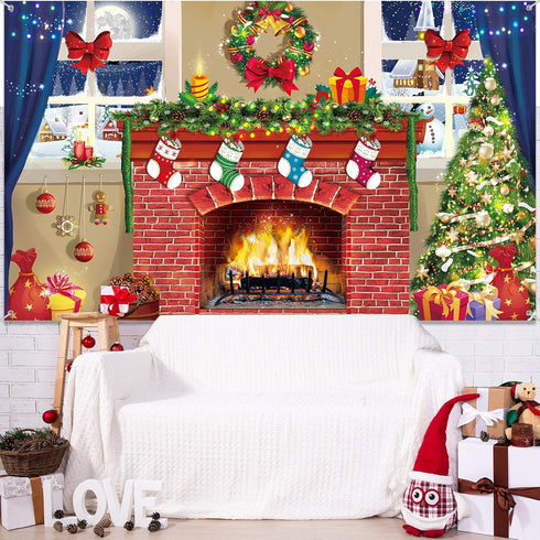 6x4 feet Christmas Fireplace Theme Backdrop Christmas Brick Wall Theme Decoration Extra Large Fabric Red Brick Wall Backdrop for Photo Baby Shower...
