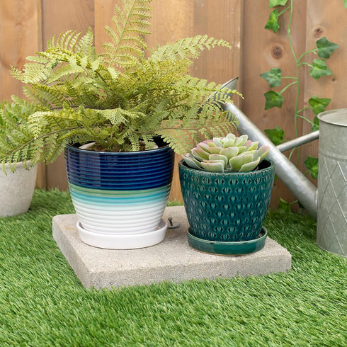Teal Ceramic Pot with Reactive Glaze for Indoor Plants Planter with Saucer, 4.75 x 5.5 Inch...