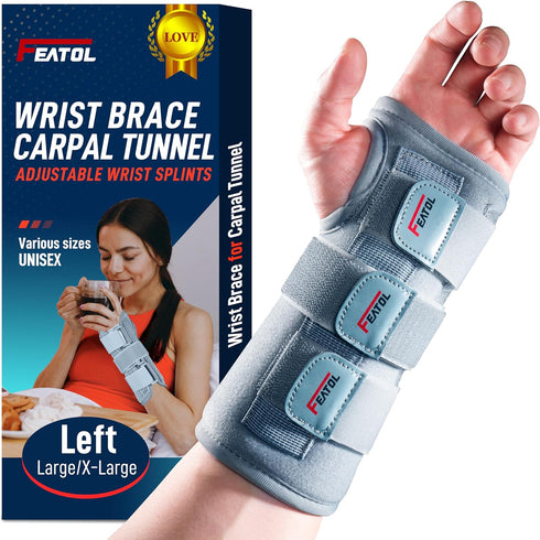 FEATOL Wrist Brace Carpal Tunnel for Women Men, Adjustable Night Sleep Support Brace with Splints Left Hand, Medium/Large...