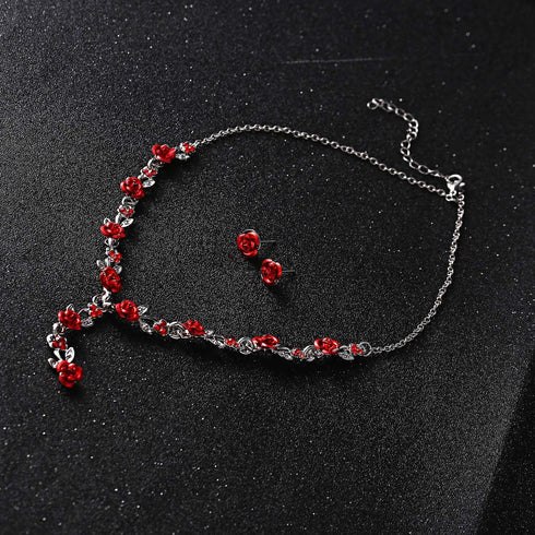 Fuqimanman2020 3pcs Red Rose Flower Pendant Y Necklace Dangle Earrings Bracelets Set for Women Bride Wedding Mother’s Day Gifts Aesthetic Jewelry...