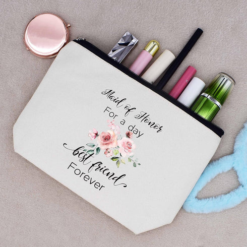 Maid of Honor for a Day Best Friend Forever -Bridesmaid Gift -Makeup Bag Cosmetic Bag Travel Pouch - Bachelorette Party Gift for Maid of Honor - W...