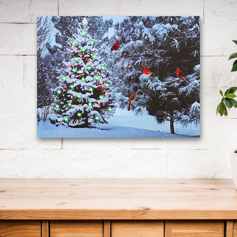 BANBERRY DESIGNS Lighted Christmas Tree & Cardinal Birds LED Canvas Print - Snowy Winter - Forest Pine Trees - Winter Scene Wall Art Measures 15.7...