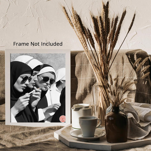 Posterizer 1 pcs-black-and-white photograph captures an unconventional nuns smoking 2-Photography Art-Comedy Art-Living Room Bedroom Decor- unfram...