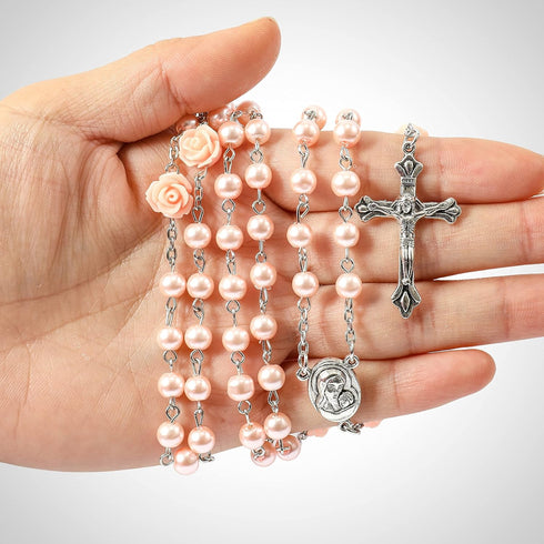 Nazareth Store Catholic Pink Pearl Beads Rosary Necklace Maddona Holy Soil Medal & Cross Crucifix...