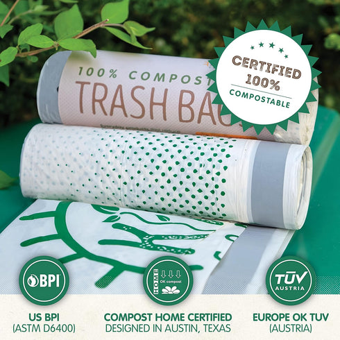 KC’s Compostable Tall Kitchen Trash Bags 13 Gallon, 25 Bags | Easy-Tie Drawstring Closure, 3X Extra Durable & Plant-Based Compostable Garbage Bags...