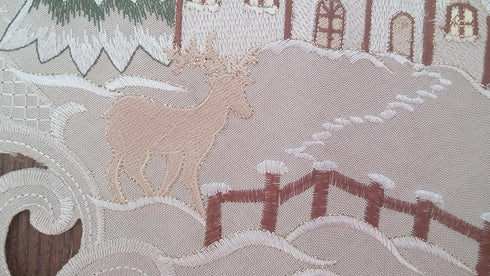 Christmas Table Runner with Reindeer and Cabin on Tan Burlap Style Material Size 34 x 15 inches...