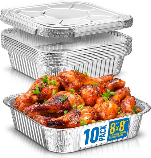 8x8 Disposable Aluminum Pans With Lids - 10 Pack Foil Pans For Cooking, Baking Cakes, Roasting & Homemade Breads - Disposable Food Containers With...