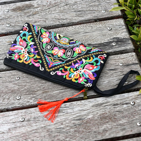 Floral Embroidered Boho Wristlet Women Girls Evening Clutch Bags Handbags Handmade Beach Bag With Lanyard...