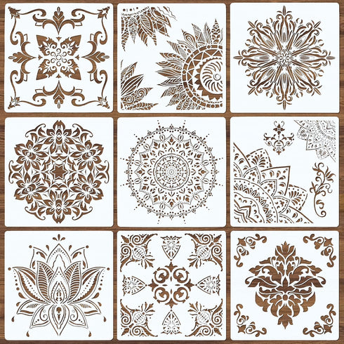 9 Pack Large Reusable Stencil Mandala Stencil Laser Cut Painting Template for Wood Wall Floor Tile Fabric Crafts Furniture Stencils Painting(12x12...