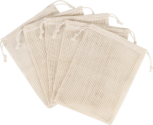 PALTERWEAR 100 Percent Natural Cotton Double Drawstring Mesh Bag For Herbs, Nuts, Spices (5 x 7 Inch - Set of 5)...