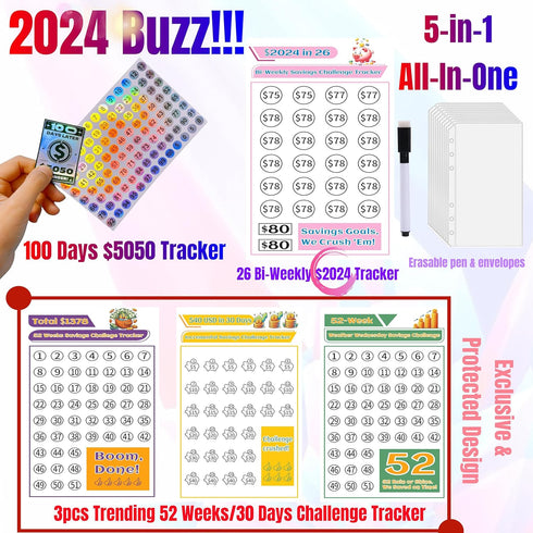 100 Envelope Challenge Binder,2024 Exclusive 52 Weeks / 100 Days 5050 Money Savings Challenges Notebook,5-in-1 Budget Planner, Budget Notebook Bin...