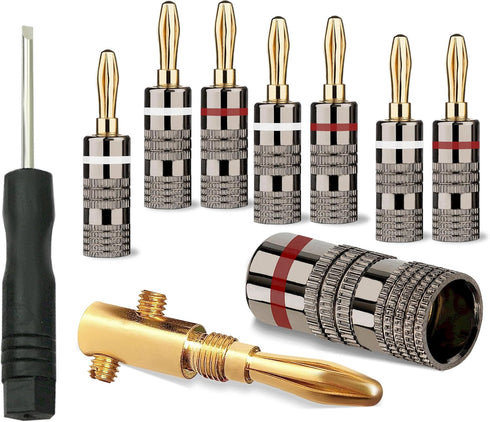 Banana Plugs 4 Pairs / 8 pcs (4 White/4 Red), 2 Set Screws, 24K Gold Plated Speaker Plug Connectors for Speaker Wire, Home Theater, A/V Amplifiers...