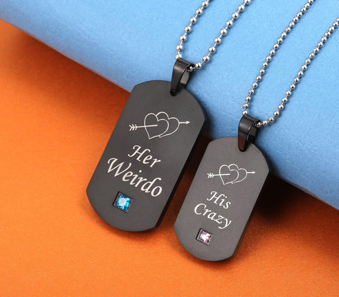 His Crazy Her Weirdo Couple Pendant Necklaces His & Hers Matching Set Titanium Stainless Steel Couple Pendant Necklace Engraved Jewelry Set, Perfe...