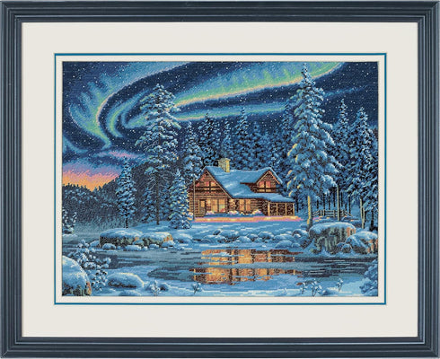 Dimensions Gold Collection Counted Cross Stitch Kit, Aurora Cabin, 16 Count Dove Grey Aida, 16'' x 12''...