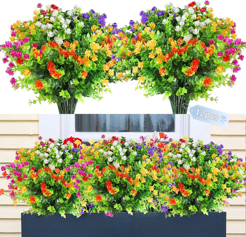 12 Bundle Artificial Flowers for Outdoor UV Resistant Plants, Fall Faux Flowers Bulk Fake Flowers for Indoor Porch Vase Pots Greener Shrubs Hangin...