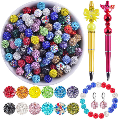 Rhinestone Beads for Jewelry Making 200pcs Mix 10mm Rhinestone Beads for Pens Making Bulk Glitter Sparkle Disco Ball rhinestone Spacer Beads for B...