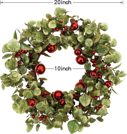 20 inches Artificial Winter Spring Wreath with Eucalyptus Leaves,Red Berries,Red Bells for Front Door Farmhouse Indoor Outdoor Festival Home Decor...