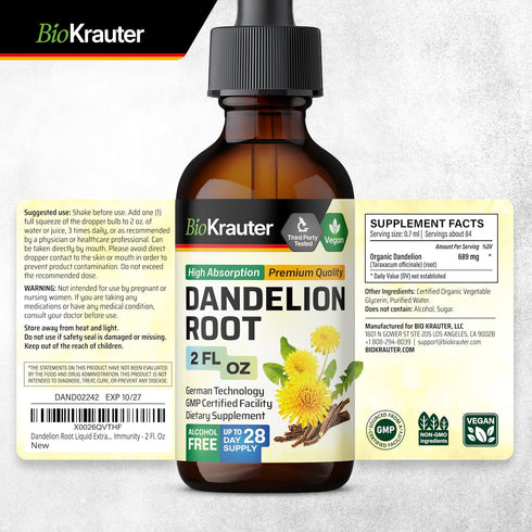 BIO KRAUTER Dandelion Root Extract - Alcohol & Sugar Free Dandelion Tinture - Vegan Supplement for Cleansing & Immunity - 2 Fl. Oz - 28 Days of Su...