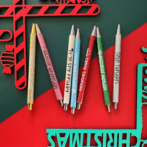Jxueych 7Pcs Christmas Weekday Pens Glitter Pen with Funny Sayings Vibrant Fancy Ballpoint Pens Cute Gifts for Colleagues Office Supplies (Christm...