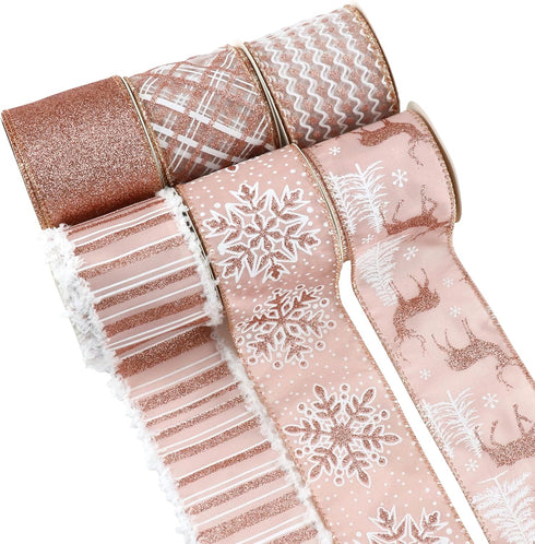 Rose Gold Christmas Ribbon Wired 2.5" Pink Christmas Tree Ribbon Garland Rose Gold Glitter Wired Ribbon for Crafts, Wreaths, Topper Bows, Gift Wra...