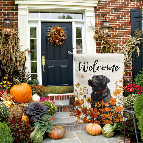 Floral Black Lab Garden Flag Large Fall House Flag 28x40 Double Sided Orange Wildflower Labrador Dog Yard Flags for Outside Autumn Lawn Flags Welc...