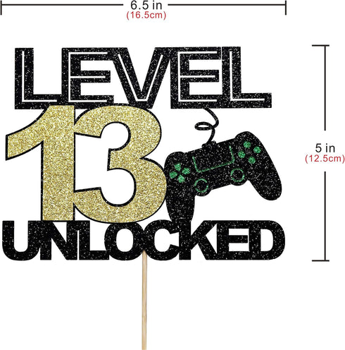 level 13 unlocked cake topper official teenager 13th birthday cake decoration, video game controller theme happy birthday party decoration, black ...