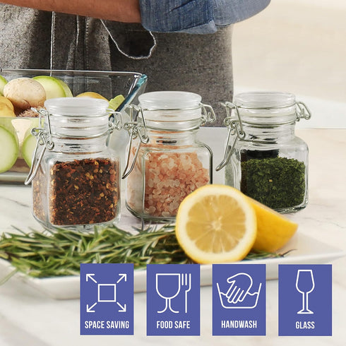 Oak & Steel 12 Pack 3.4oz Small Airtight Glass Spice Jars with Lids & Clip Top, 24 Labels & Chalk Pen - Square Bottles, Herb Jars, Mason Jars, Sea...