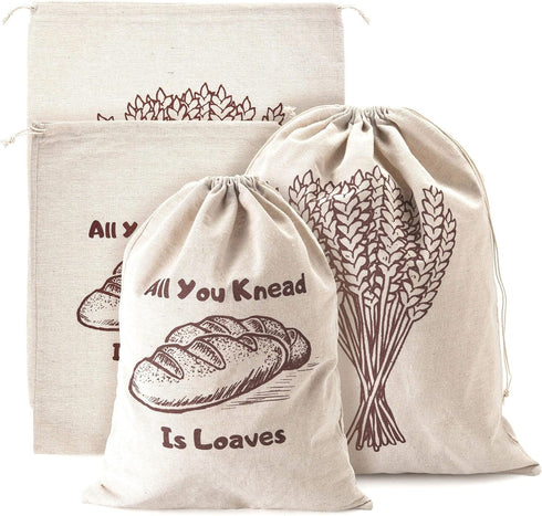 Linen Bread Bags, Pack of 4 Large and Extra Large Natural Unbleached Bread Bags, Reusable Drawstring Bag for Loaf, Homemade Artisan Bread Storage,...