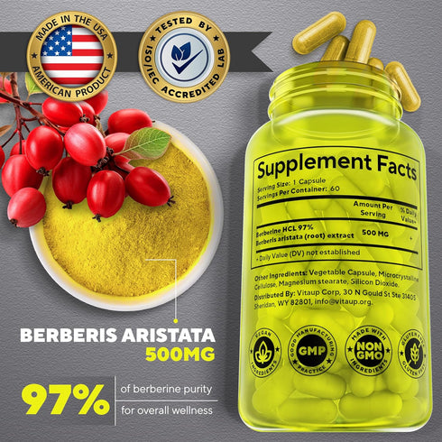 Berberine Supplement 500mg - USA Made Berberine 500mg - 97% Tested Purity Berberine HCL - Berberine Supplements with Berberine Powder for Weight M...