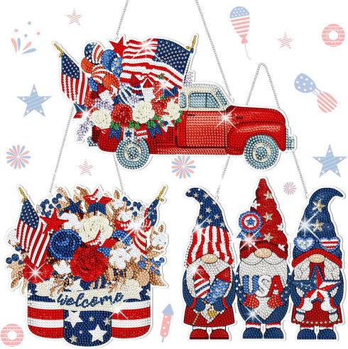 Memorywuu 3 Pcs 4th of July Diamond Art Kits Patriotic Diamond Painting Hanging Door Sign DIY Memorial Day Diamond Wall Decor Gnome Diamond Art Ad...