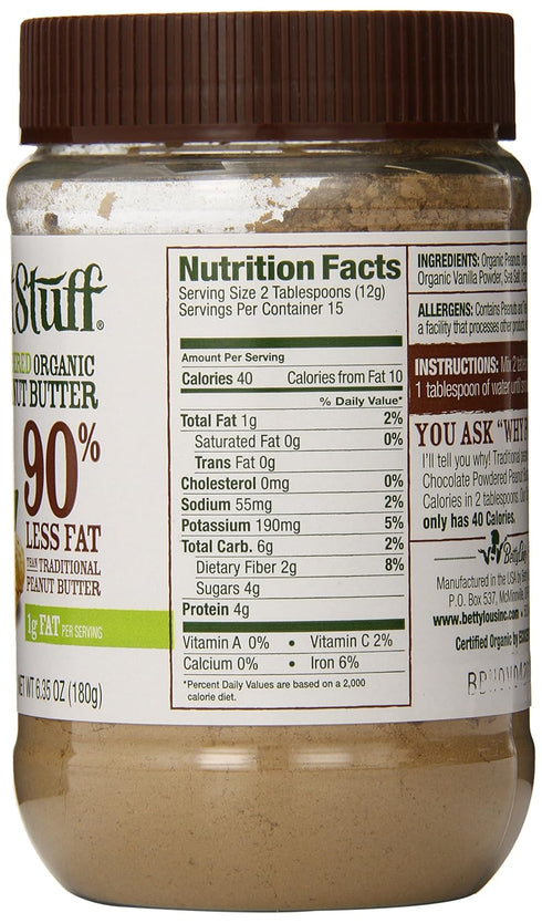 Betty Lou's 100% Organic Chocolate Peanut Butter Powder, Gluten Free, Vegan, Low Calorie, All Natural, High Protein, Deliciously Healthy, Just Add...