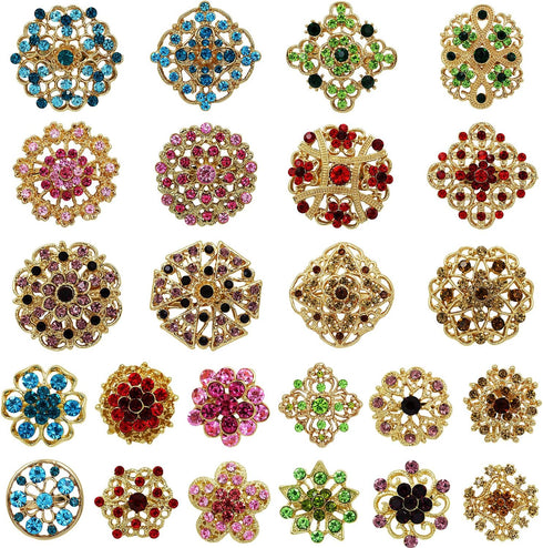 Lot 24pc Mixed Color Rhinestone Crystal Flower Brooches Pins...