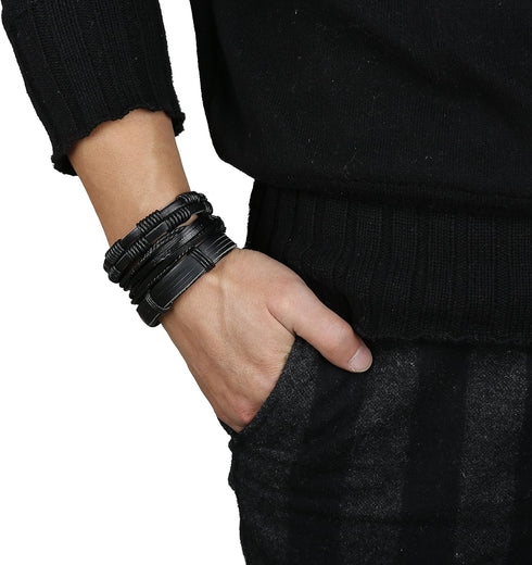 Jstyle 12Pcs Braided Leather Bracelet for Men Women Cuff Wrap Bracelet Adjustable Black and Brown (A:12Pcs)...