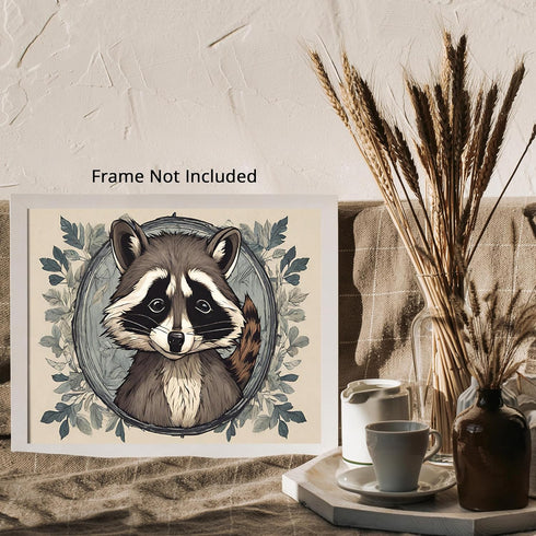 Posterizer 1 pcs- Cute raccoon portrait on a circular blue frame-Art for Animal Lovers-Floral Botanical Art- Gift for Men Women Teens-Living Room...