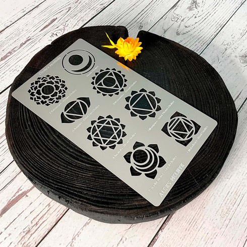 Aleks Melnyk No.415 Metal Stencil, Chakras, Mandala, Yoga, Symbols for Meditation, Om, Sacred Geometry, Template for Wood Burning, Pyrography Engr...
