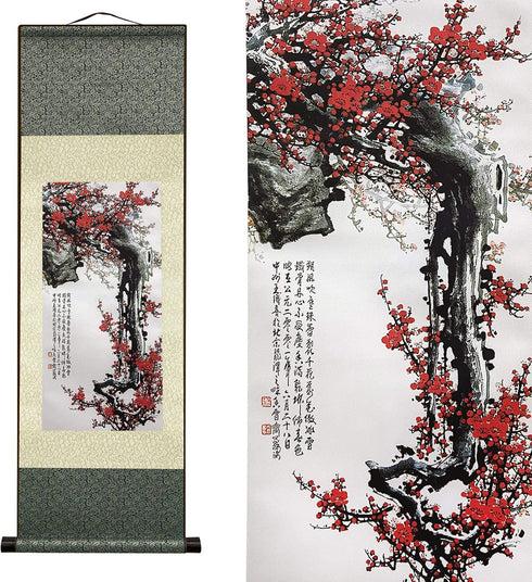 AtfArt Asian Wall Decor Beautiful Silk Scroll Painting Flowers - Proud Plum - Iron Heart Oriental Decor Chinese Art Wall Scroll Wall Hanging Paint...