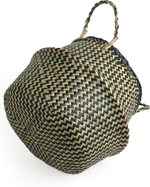 Woven Seagrass Belly Basket for Storage Plant Pot Basket and Laundry, Picnic and Grocery Basket (Medium, black strips)...