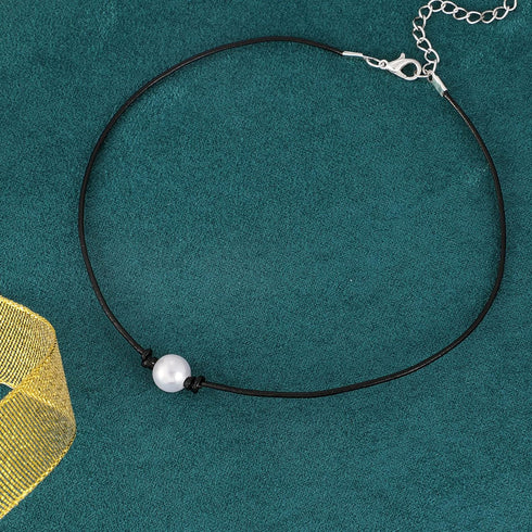 MJartoria Black PU Leather Cord Faux Pearl Choker Necklace...