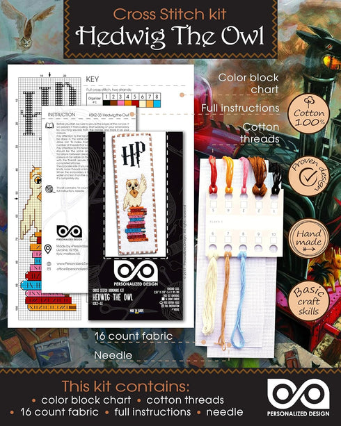 Embroidery Kit with Pattern 'Hedwig The Owl' - Counted Cross Stitch Bookmark...