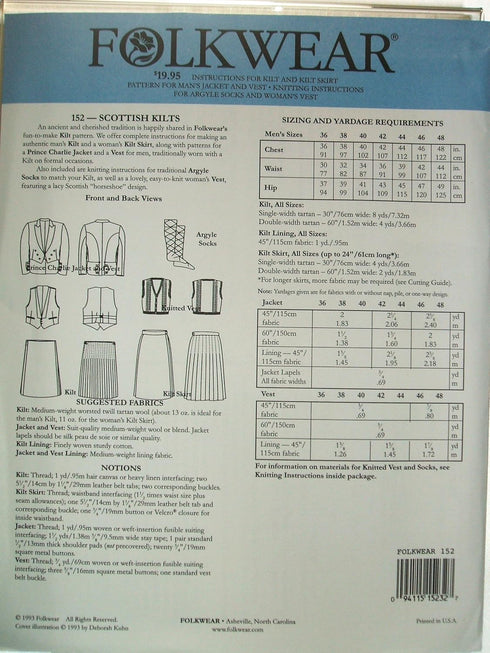 Folkwear Scottish Kilts #152 Highland Scotland Scottish Kilt Jacket Traditional Sewing Pattern & Knitted Vest (Pattern Only) folkwear152...