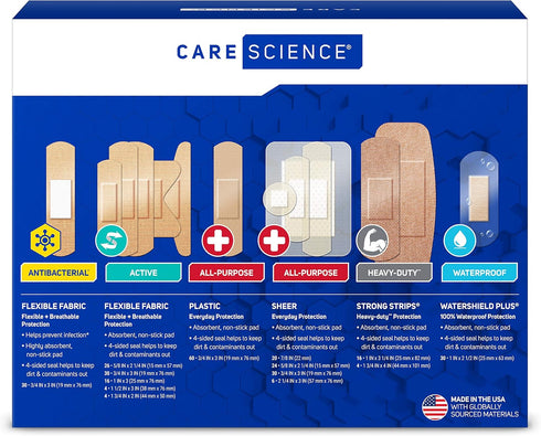 Care Science Variety Bandages Pack, 300 ct Bulk Assorted Sizes | Includes Active, All-Purpose, Waterproof, Heavy-Duty | Breathable Protection for ...