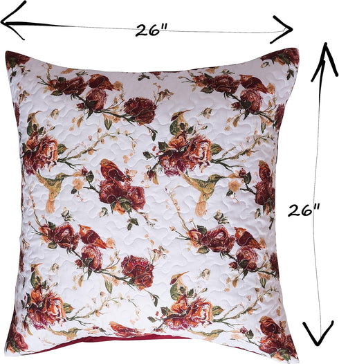 Tache Floral Red White Euro Sham - 26 inch Quilted 1pc Rose Garden Hummingbirds Antique Vintage Farmhouse Country Rustic Microfiber Square Pillow ...
