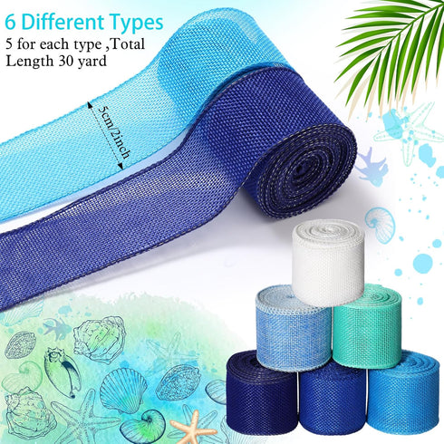Yuefunny 6 Rolls Ocean Beach Burlap Wired Ribbon Total 30 Yard x 2 Inch Summer Burlap Ribbon Hawaii Tropical Beach Ribbon for Wreath Bow Craft Mak...