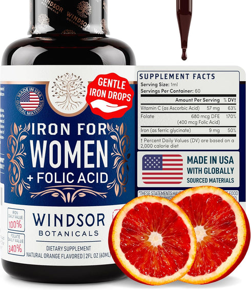 WINDSOR BOTANICALS Liquid Iron Supplements for Anemia - Folic Acid, Vitamin C, Vegan Iron Blood Builder and Anemia Supplement - 2 oz Orange Flavor...