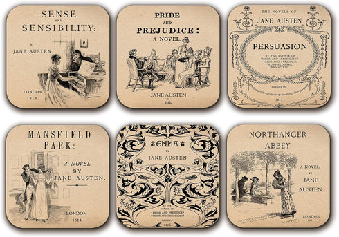 6 coasters with Complete Novels of Jane Austen Six Coffee Mug Coasters with Complete Novels of Jane Austen's book designs. (Aged Paper)...